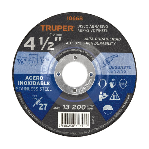 DISCO PARA DESBASTE DE ACERO INOXIDABLE, TIPO 27, 4-1/2?