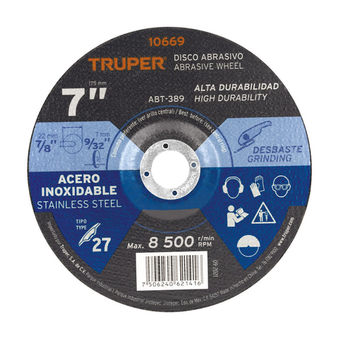 DISCO PARA DESBASTE DE ACERO INOXIDABLE, TIPO 27, 7?