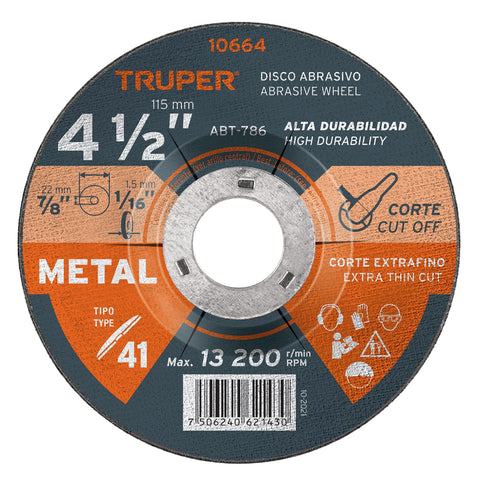 DISCO PARA CORTE DE METAL, TIPO 1, DIÁMETRO 4-1/2?