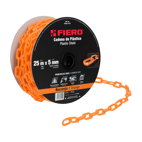 CADENA DE PLASTICO DE 5MM, NARANJA POR METRO ROLLO C/25 MT