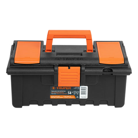 CAJA PLÁSTICA 14" CON COMPARTIMENTOS, NARANJA