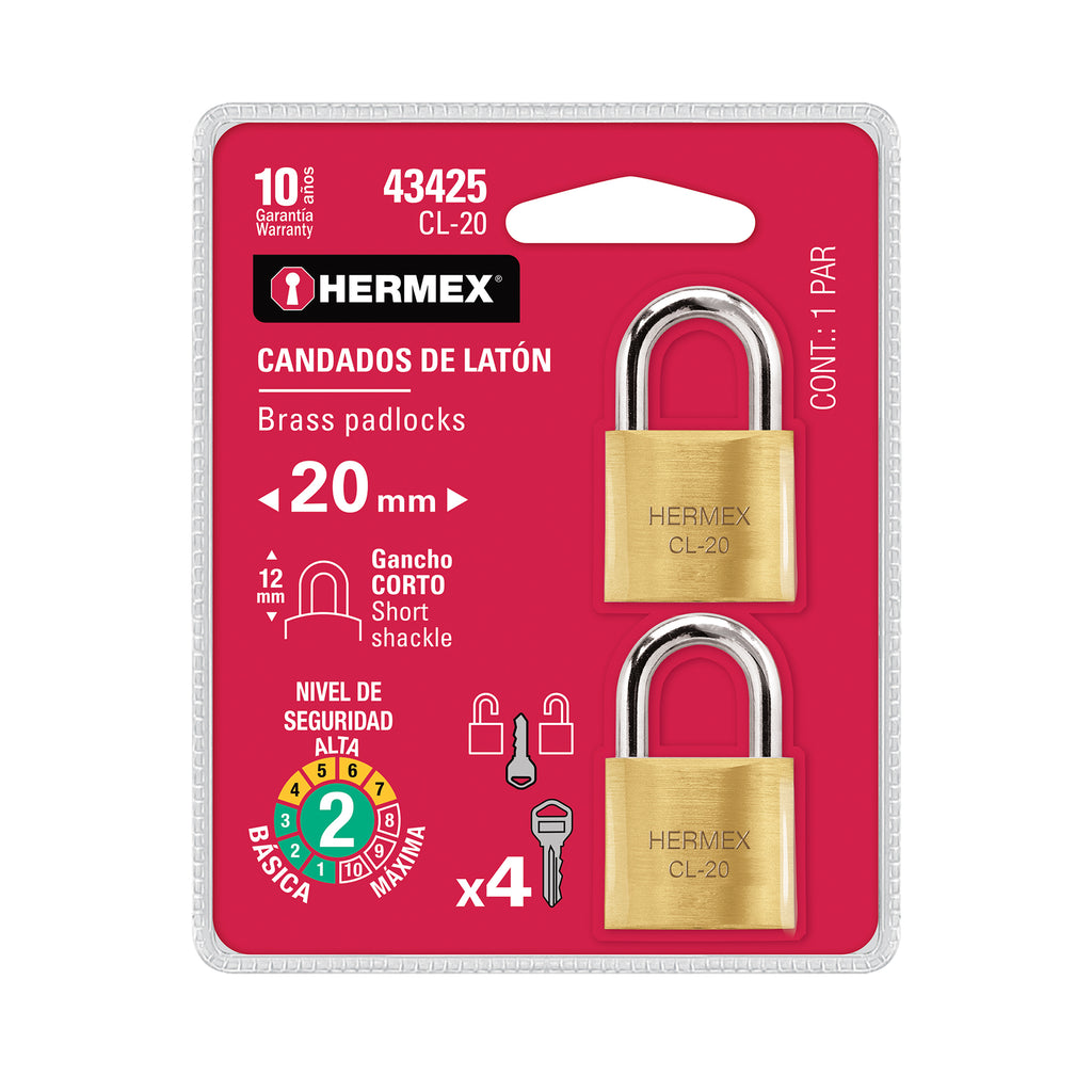 CANDADO DE LATON 20MM.GANCHO ACERO ENDUR