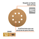 DISCO DE LIJA ROTO ORBITAL 5', GRANO 180, 8 ORIFICIOS