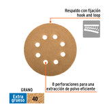 DISCO DE LIJA ROTO ORBITAL 5', GRANO 40, 8 ORIFICIOS