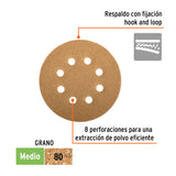 DISCO DE LIJA ROTO ORBITAL 5', GRANO 80, 8 ORIFICIOS