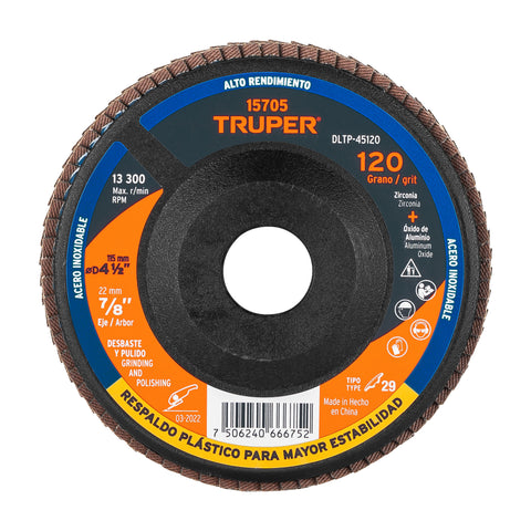 DISCO 4 1/2 LAMINADO RESP PLASTICO, GRANO 120, CENTRO 7/8, TRUPER