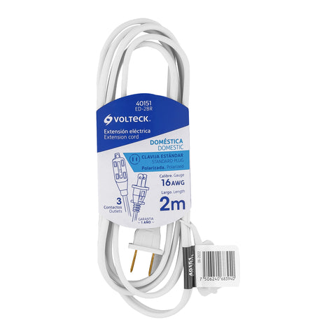 EXTENSISN ELICTRICA DOMISTICA 2 M BLANCA CON CLAVIJA RECTA