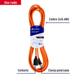 EXTENSISN ELICTRICA USO RUDO 6M 2X16 AWG PARA 1 CLAVIJA