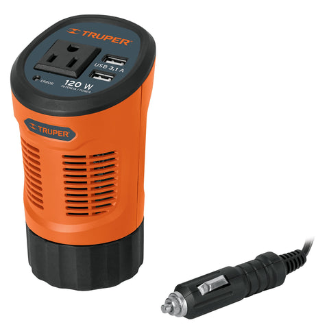 INVERSOR DE CORRIENTE 120 W TIPO VASO, 2 PUERTOS USB, TRUPER