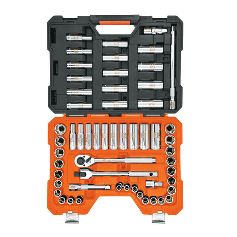JUEGO DE 56 HERRAMIENTAS CUADRO 1/2' STD Y MM PARA MECANICO