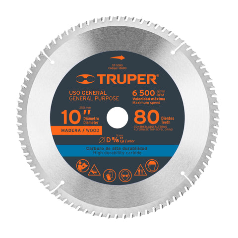 DISCO SIERRA 10' PARA MADERA, 80 DIENTES CENTRO 5/8', TRUPER