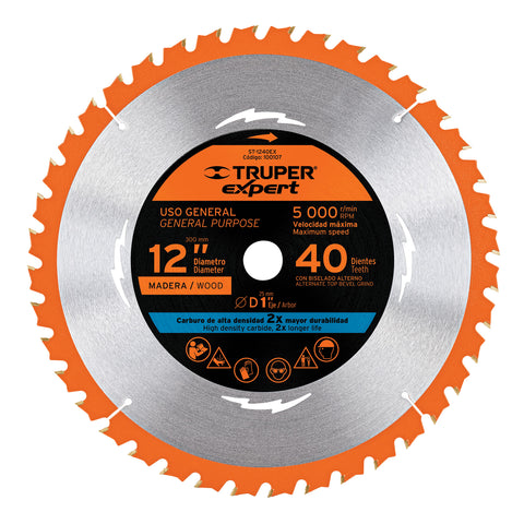 DISCO SIERRA 12' PARA MADERA, 40 DIENTES CENTRO 1', EXPERT