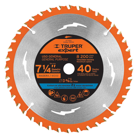 DISCO SIERRA 7-1/4' P/MADERA, 40 DIENTES CENTRO 5/8', EXPERT