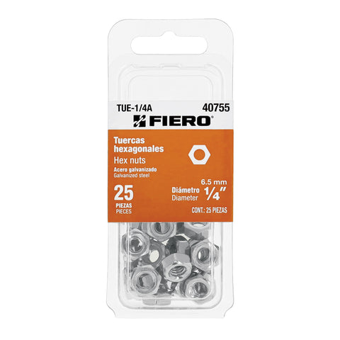 BLISTER CON 25 TUERCAS 1/4" HEX DE ACERO GALVANIZADO, FIERO